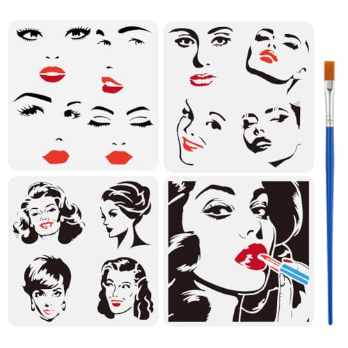 FINGERINSPIRE 4 Stück weibliche Schablonen mit Pinsel, 4 Stile, Frauengesicht, Gesichtsausdruck, Schablonen 30 x 30 cm, Frauen-Augenbrauen-Augen-Schablone, Nase, Mund, Schablone, Retro-Frauenkopf, FINGERINSPIRE 4 Stück weibliche Schablonen mit Pinsel, 4 Stile, Frauengesicht, Gesichtsausdruck, Schablonen 30 x 30 cm, Frauen-Augenbrauen-Augen-Schablone, Nase, Mund, Schablone, Retro-Frauenkopf, von FINGERINSPIRE