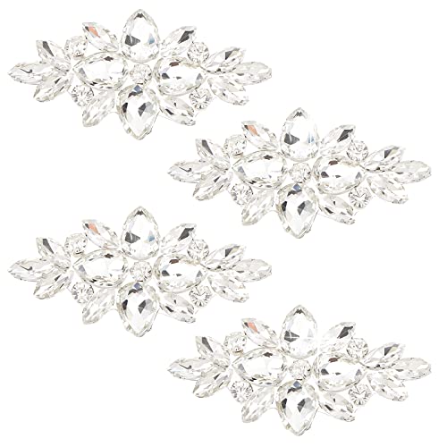 FINGERINSPIRE 4 x Blumen-Glas-Strass-Applikation (4,3 x 8,4 cm) für Hochzeit, Brautschmuck, Kristall-Haar-Dekoration, Kostüm-Verzierung - Zum Aufbügeln auf Kleidung und Kleider von FINGERINSPIRE
