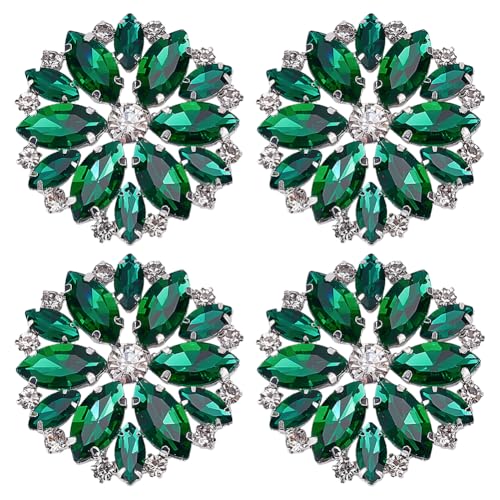 FINGERINSPIRE 4 x grüne Blumen-Strass-Applikationen, 4,5 cm, Eisen-Glas-Cabochons mit funkelnden Strasssteinen, Kristall-Patches, Blumenverzierung für Hochzeitskleider, Kostüme, Bastelarbeiten und von FINGERINSPIRE