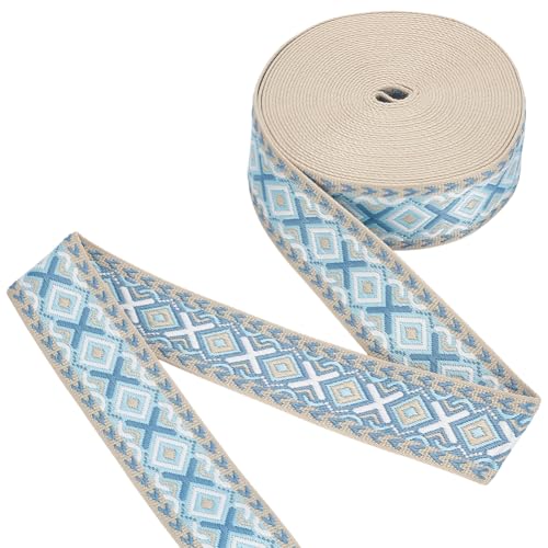 FINGERINSPIRE 45.72 m Jacquardband Mit Rautenmuster 5cm Breit Aqua Farbe Vintage Besatz Im Geometrischen Stil Polyester Gurtband Zum Kleidung Hochzeitsgeschenkverpackungen Kamerataschengurten von FINGERINSPIRE