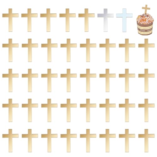 FINGERINSPIRE 48 Stück Acryl Kreuz Kuchenanhänger 50x34mm Goldfarben Spiegel Acryl Kreuz Kuchenaufsätze Taufe Kuchenaufsätze Kreuz Cupcake Topper Für Geburtstag Hochzeit Party Feier Dekoration von FINGERINSPIRE