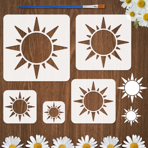 FINGERINSPIRE 5 Stück Sonnenschablonen mit Pinsel, 5 Größen, Sonnenmalerei-Schablone, wiederverwendbar, PET, Herbstsonnen, Heimschablone, Fantasie-Themen-Dekoration, Vorlage zum Malen auf Holz, Wand von FINGERINSPIRE