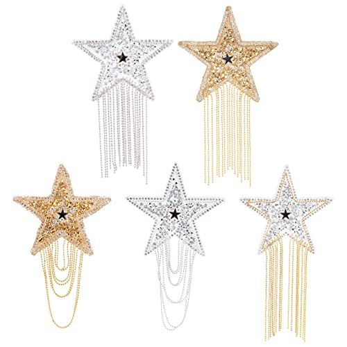 FINGERINSPIRE 5 Stück Sterne Muster Strass Kleidung Flicken (Gold & Silber) Bügeln/Nähen auf Schulterapplikationen mit Ketten Quaste Abzeichen Quaste Epauletten für Kleidung von FINGERINSPIRE