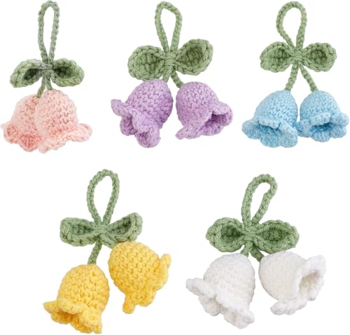 FINGERINSPIRE 5 Stück gehäkelte Glockenblumen Anhänger 5 Farben Handgestrickte spanische Glockenblumen-Anhänger gehäkelte Glockenblumen-künstliche Blumen Schlüssel Anhänger Baumwollstrick hängendes von FINGERINSPIRE