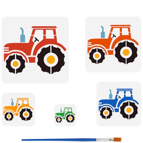 FINGERINSPIRE 5 Traktor Schablone Mit 1 Kunststoff Pinseln 5 Größen Traktor Muster Malschablonen Kunststoff Traktor Fahrzeug Dekorationsschablone Zum Malen Auf Holz Wänden Stoffen Und Möbeln von FINGERINSPIRE