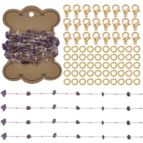 FINGERINSPIRE 5 m Lange Kettenglieder Aus Naturstein Amethyst Schmuckketten Mit Karabinerverschlüssen Ringen Perlenkettenrollen Mit Kunstperlen Halsketten Armbänder Bastelsets Für Schmuck von FINGERINSPIRE