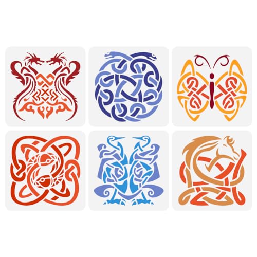 FINGERINSPIRE 6 Stück Keltische Tierknoten Schablone 15x15 cm Keltische Logo Malschablone Kunststoff Drache Schlange Schmetterling Fisch Kranich Pferd Muster Schablone Wiederverwendbare Schablonen von FINGERINSPIRE