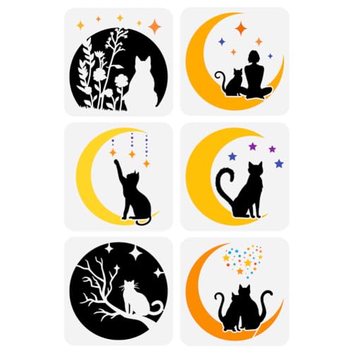 FINGERINSPIRE 6 Stück Mond Katzen Malschablone 20x20 cm Katzen Silhouette Schablone Schablone Blumen Schablone Mädchen Sterne Schablone Katzenmuster Tier Themen Vorlage Zum Malen Auf Holzwänden von FINGERINSPIRE