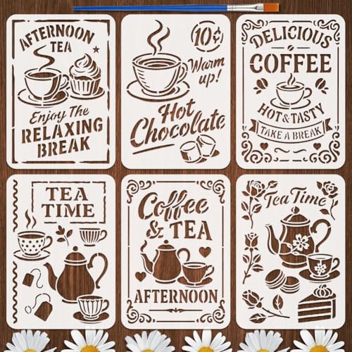 FINGERINSPIRE 6 Stück Nachmittagstee-Schablonen mit 1 Kunststoffpinsel, 21,1 x 29,7 cm, Kaffee-Schablone, Teekannen und Tassen, Muster, Blumen, Desserts, Dekoration, Vorlage für Teezeit FINGERINSPIRE 6 Stück Nachmittagstee-Schablonen mit 1 Kunststoffpinsel, 21,1 x 29,7 cm, Kaffee-Schablone, Teekannen und Tassen, Muster, Blumen, Desserts, Dekoration, Vorlage für Teezeit von FINGERINSPIRE