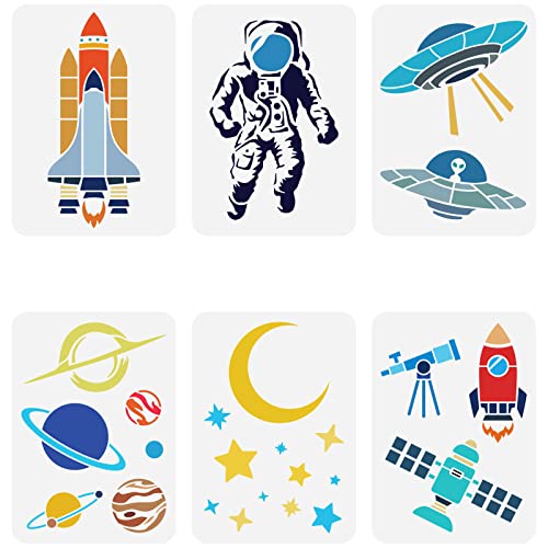 FINGERINSPIRE 6 Stück Weltraum Thema Schablonen 21x29.7cm Astronauten Sterne Mond Planeten Raketen Malschablone Astronomische Teleskope Aliens UFO DIY Bastelschablone Für Wand Stoff Heimdekoration von FINGERINSPIRE