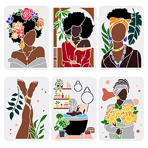 FINGERINSPIRE 6 Stück afrikanische Stammesfrauen-Schablonen, 21,1 x 29,7 cm, wiederverwendbar, afroamerikanische Malschablone, weibliche Silhouette, Badezimmer-Dekoration, Schablone zum Malen auf von FINGERINSPIRE