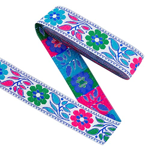 FINGERINSPIRE 7 m Buntes Blumenmuster Jacquardband 34 mm Breit Ethno Stil Stickerei Polyesterbänder Leuchtendes Rosa Blau Grün Blumenmuster Gewebtes Jacquardband Zum Nähen Basteln Dekorieren von FINGERINSPIRE