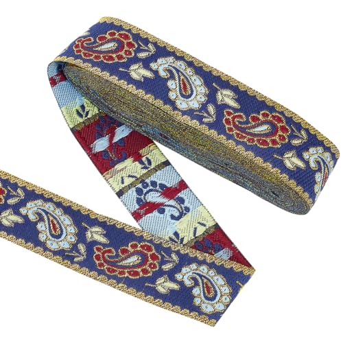 FINGERINSPIRE 7m 33mm Vintage Jacquardband Retro Blau Ethnischer Stil Stickerei Polyesterband Stoff Blumenmuster Trim für DIY Kleidung Accessoires Verzierung Dekorationen von FINGERINSPIRE