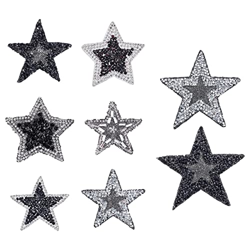FINGERINSPIRE 8 Stück sternförmige Strassapplikationen zum Aufbügeln/Nähen Aufnäher schwarzer Stern Glitzer Kristall Diamantapplikation für Taschen, Hüte, Hemden, Kleidung, DIY-Projekte von FINGERINSPIRE