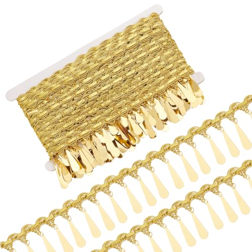 FINGERINSPIRE 9,1 m lange Pailletten-Quasten-Bordüre, 5,4 cm breit, goldfarben, geflochtene Fransenquaste, Spitzenband, Besatz, Polyester, Gold, Metallic, geflochtene Teadrop-Form, Pailletten-Fransen, von FINGERINSPIRE
