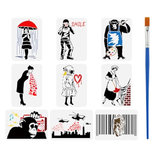 FINGERINSPIRE 9 Stück Banksy Figuren Schablone 21x29.7cm Schimpansen Malschablonen Mit Bambuspinsel Regenschirm Regenmädchen Zeichnen Große Schablonen Hubschrauber Vorlagen Für Stoff Fliesen Möbel von FINGERINSPIRE