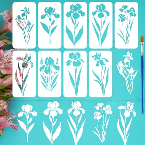 FINGERINSPIRE 9 Stück Irisblumen-Schablonen mit 1 Pinsel, 30 x 15 cm, 9 Stile Februar, Iris-Zeichenschablone, Pflanzen-Themen-Vorlage zum Malen auf Wand, Holz, Leinwand, Stoff, Möbel, DIY von FINGERINSPIRE