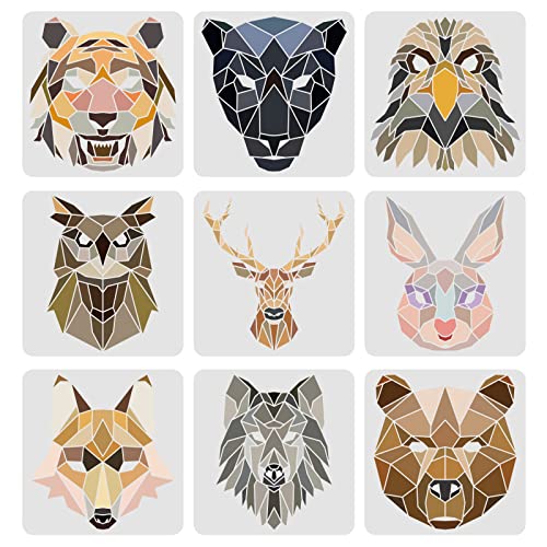 FINGERINSPIRE 9 Stück Tierkopf-Schablonen Schablonen 30x30cm Geometrisch Löwe Tiger Wolf Bär Malschablonen Eule Hirsch Hase Fuchs Leopard Schablonen zum Malen auf Holz, Boden, Wand und Fliesen von FINGERINSPIRE