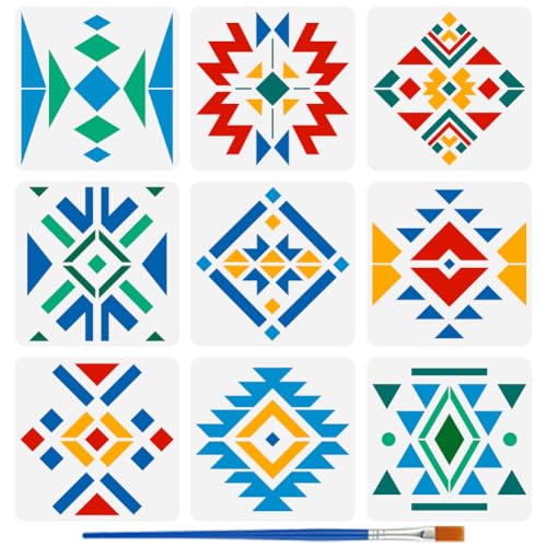 FINGERINSPIRE 9 Stück Tribal Malschablone Für Scheunensteppdecken Mit 1 Pinseln 30x30cm Rautenmuster Dreieck Rechteck Geometrisches Muster Scheunensteppdecken Schablone Zum Bemalen Auf Dekoration von FINGERINSPIRE