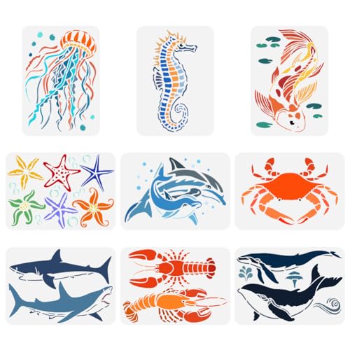 FINGERINSPIRE 9 Stück Wasserlebewesen Malschablone 21x29.7 cm Seepferdchen Qualle Koi Delfin Krabbe Seestern Hummer Hai Wale Vorlage Zum Malen Auf Holz Wand Stoff Möbeln FINGERINSPIRE 9 Stück Wasserlebewesen Malschablone 21x29.7 cm Seepferdchen Qualle Koi Delfin Krabbe Seestern Hummer Hai Wale Vorlage Zum Malen Auf Holz Wand Stoff Möbeln von FINGERINSPIRE