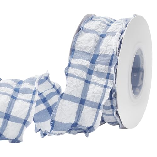 FINGERINSPIRE 9 m Chiffon Karoband 40mm Breit Stahlblau Gingham Band Aus Polyester Nähen Tartan Muster Kariert Plissee Besatz Zum Nähen von Kleidung Dekoration Kleidungszubehör von FINGERINSPIRE