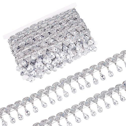 FINGERINSPIRE 9 m X 48.5 mm Hängende Perlen Fringe Spitze Silber Pailletten Band mit Silber Strass Fringe Trim Polyester Nähen Fringe Quaste Trim durch den Hof für Heimwerker Handwerk von FINGERINSPIRE