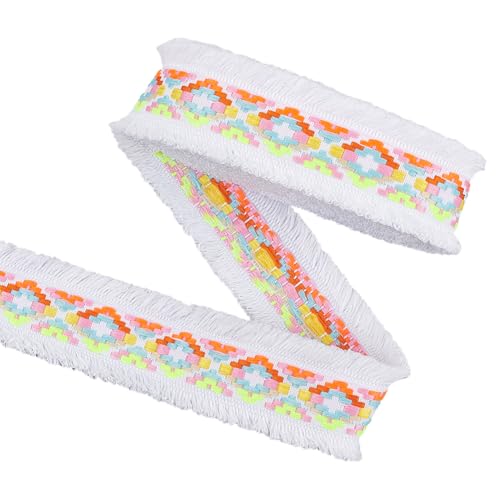 FINGERINSPIRE 9.1 m Besatzband Mit Floralen Quasten 41mm Breit Weißes Doppelquastenrandband Polyester Fransenbesatz Geometrisches Nähband Flach Gewebtes Fransenband Zum Nähen DIY Basteln Dekor von FINGERINSPIRE
