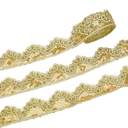 FINGERINSPIRE 9.1 m Spitzenband Mit Goldenen Perlen Und Pailletten 4.5cm Polyester Paillettenband Zum Nähen Spitzenbesatz Netzbesatz Dekoration Zum Basteln Kleidung Heimdekoration von FINGERINSPIRE