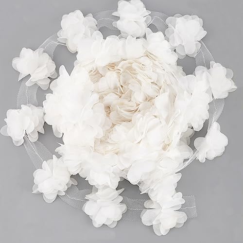 FINGERINSPIRE 9.1 m X 25 mm Chiffon Blumen Spitzenbesatz Zum Nähen 3D Besatz Chiffon Blumencluster Spitze Weißer Chiffon Besatz Handgefertigt Spitzenbesatz Kostümdekoration Für Braut Hochzeitskleid von FINGERINSPIRE