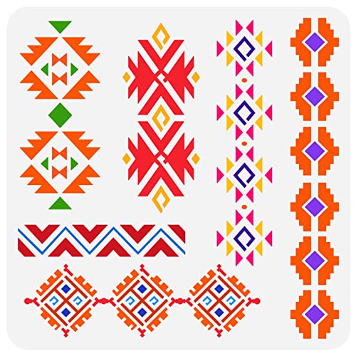 FINGERINSPIRE Aztec Tribal Schablone 30x30cm Southwest Borders Schablonen Kunststoff 6 Stile Geometrisch Boho Bordüren Muster Schablone Wiederverwendbare Für Tagebuch Papier Sammelalbum Wand Basteln von FINGERINSPIRE