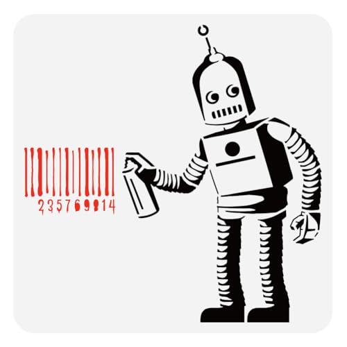 FINGERINSPIRE Banksy Barcode-Roboter-Malschablone, 30 x 30 cm, Kunststoff, PET-Barcode-Zahlen, Zeichenschablone, ausgehöhlt, Banksy-Graffiti-Roboter-Schablone zum Malen, große Banksy-Themen-Vorlage von FINGERINSPIRE