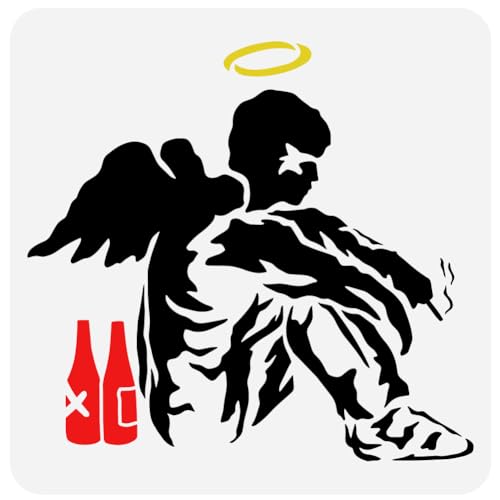 FINGERINSPIRE Banksy Gefallener Engel Schablone 30x30 cm Wiederverwendbar Gefallener Engel Mit Weinflaschen Muster Malvorlage DIY Art Banksy Thema Schablone Zum Malen Auf Holz Wand Und Möbel von FINGERINSPIRE
