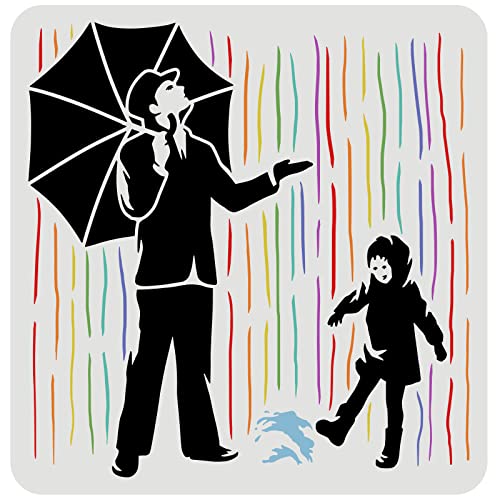 FINGERINSPIRE Banksy Schablone Mann und Regen 30x30cm Mann unter dem Regenschirm und Kind Muster Zeichnung Dekoration Schablone für Malerei auf Wand, Möbel, Holz, Papier, Heimdekoration von FINGERINSPIRE