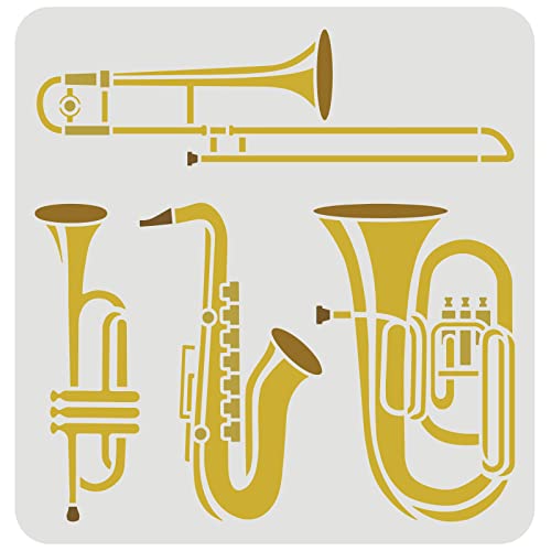 FINGERINSPIRE Blasinstrumenten Malschablone 30x30cm Wiederverwendbare Saxophon Trompete Tuba Posaune Zeichnungs Schablone Jazzinstrumente Musikschablone für Malerei auf Wand Holz Möbel und Papier von FINGERINSPIRE