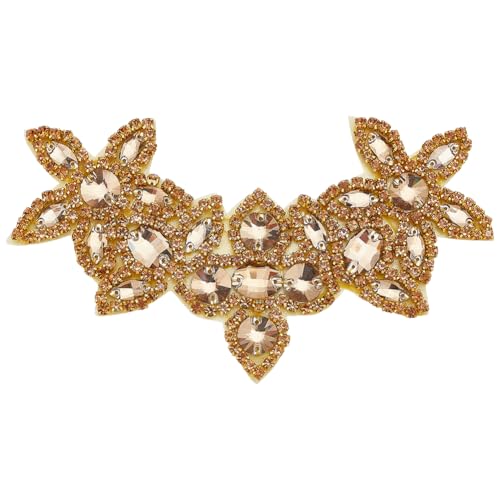 FINGERINSPIRE Blumen Strass Applikation 240x90cm Goldruten Strass Zum Aufbügeln Applikationen Für Hochzeiten Braut Nähflicken Glitzernde V Ausschnitt Applikationen Diamant Perlen Patch Für Dekoration von FINGERINSPIRE