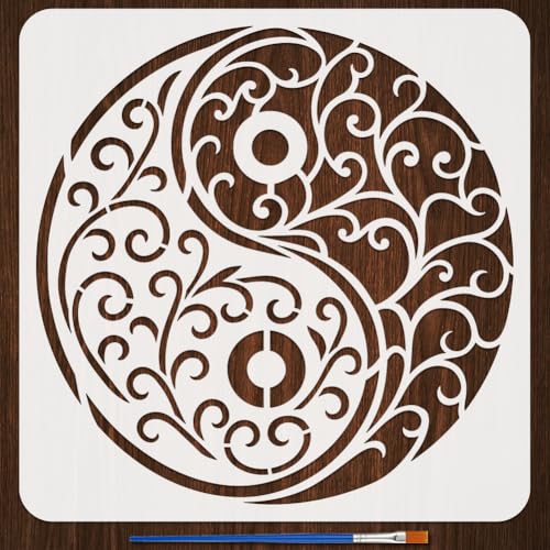 FINGERINSPIRE Brokat-Yin-Yang-Malschablone mit Pinsel, 30 x 30 cm, wiederverwendbare Yin-Yang-Symbol-Schablonen, kreative Kunststoffschablonen für DIY-Kunstprojekte und Heimdekoration von FINGERINSPIRE
