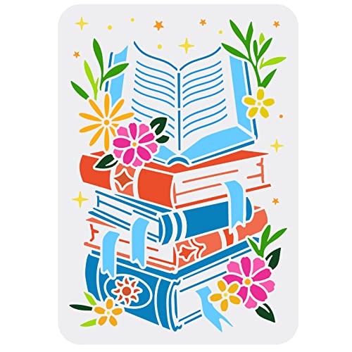 FINGERINSPIRE Buchschablone Zum Malen 21x29.7 cm Gestapelte Bücher Malvorlage Wiederverwendbare Buch Und Blumenmuster Malschablone Ausgehöhlte Schablone Zum Malen Auf Scrapbook Wandholz von FINGERINSPIRE