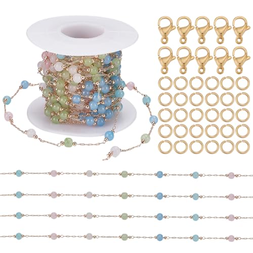 FINGERINSPIRE Bunte Satelliten-Perlenkette aus goldfarbenem Messing mit 30 Edelstahl-Binderingen und 10 Karabinerverschlüssen, Schmuckherstellungs-Set für Armbänder, Halsketten, 4,5 mm Perle von FINGERINSPIRE