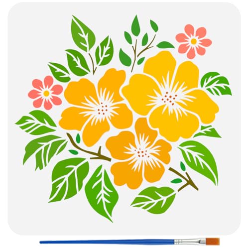FINGERINSPIRE Country Garden Blumenschablone zum Malen mit Pinsel, 30 x 30 cm, wiederverwendbare Azaleen-Blumen-Vorlage, ausgehöhlte Zweige, Blätter, Schablone aus Kunststoff, Pflanzen-Themen-Vorlage von FINGERINSPIRE