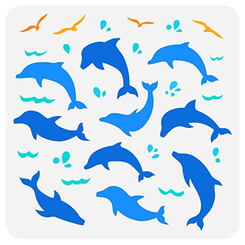 FINGERINSPIRE Delfin Malschablone Tapete Alternative 30x30cm Ausgehöhlte Möwe Bastelschablone Wiederverwendbare Kunststoff Meereslebewesen Ozean Delfin Schablone Für Fotoalbum, Fliesen, Leinentasche von FINGERINSPIRE