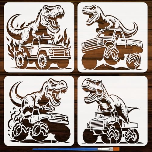 FINGERINSPIRE Dinosaurier-LKW-Schablonen mit Pinsel, 30 x 30 cm, Kunststoff, Tier-Dinosaurier, Malvorlagen, wiederverwendbar, ausgehöhlt, Tyrannosaurus, Rex, Malschablone für DIY-Kunst, Wanddekoration von FINGERINSPIRE