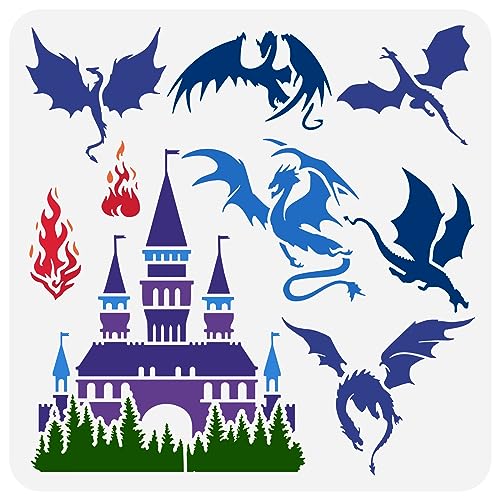 FINGERINSPIRE Drachen Schablone 30x30 cm Schloss Malschablone Kunststoff Westlicher Drache Feuerschloss Muster Schablone Vorlage Wiederverwendbar DIY Kunst Und Handwerk Flugsaurier Schablone von FINGERINSPIRE