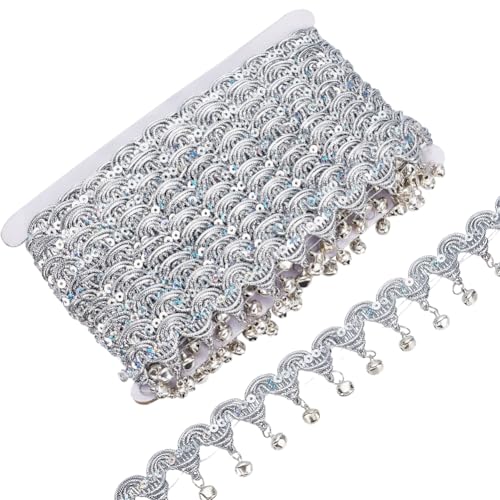 FINGERINSPIRE Fransenband mit Glocken-Pailletten, 4,8 cm breit, silber-metallisches Perückenband mit Eisenglockenperlen, Fransenbesatz, Glockenquaste, Band für Tanzkleid, Gürtel, Kette, DIY, Kleidung von FINGERINSPIRE