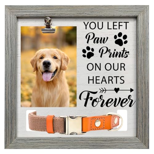 FINGERINSPIRE Gedenk-Bilderrahmen für Haustiere, 22,9 x 22,9 cm, "You Left Paw Prints on Our Hearts Forever", mit Foto-Clip und Halsbandhalter, Holz, Gedenkgeschenk-Rahmen für Hunde, Katzen, von FINGERINSPIRE