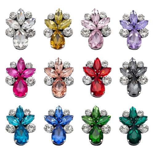 FINGERINSPIRE Handgefertigte Perlenapplikationen mit Strasssteinen, 36 x 26 x 9 mm, 12 Farben, Blumen-Strass-Applikationen mit Filz, zum Aufnähen auf Stoff, für T-Shirts, Kleidung, Kleid, Handtasche von FINGERINSPIRE