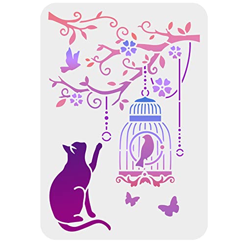 FINGERINSPIRE Katzen-Malschablone 21x29.7 cm Wiederverwendbare Katzen Und Vogelkäfig Zeichnungsschablone AIY Art Blume Baum Schmetterling Katze Vogel Schablone Tierpflanzen Schablone Zum Malen Auf von FINGERINSPIRE