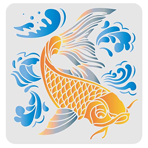 FINGERINSPIRE Koi Malschablonen 30x30cm Wiederverwendbare, ausgehöhlte Glücksfisch DIY Kunst und Bastelschablone Kunststoff Koi Fisch Wellenschablone zum Malen auf Holz, Boden, Wand und Stoff von FINGERINSPIRE
