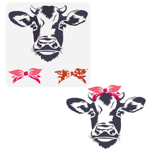 FINGERINSPIRE Kuh-Malschablone, 30 x 30 cm, wiederverwendbar, Kuhkopf-Muster, Zeichenvorlage, Kunststoff, PET, Schleifenknoten-Schablone zum Malen, quadratische Bauernhof-Themen-Vorlage zum Malen auf von FINGERINSPIRE