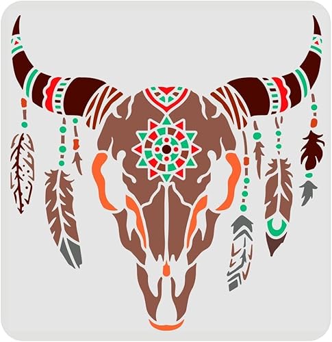 FINGERINSPIRE Kuhschädel Schablonen Schablone 30x30cm Kunststoff Gefiederter Stierkopf Zeichnung Malschablonen Tierschädel Muster Schablonen zum Malen auf Holz, Boden, Wand und Fliesen von FINGERINSPIRE