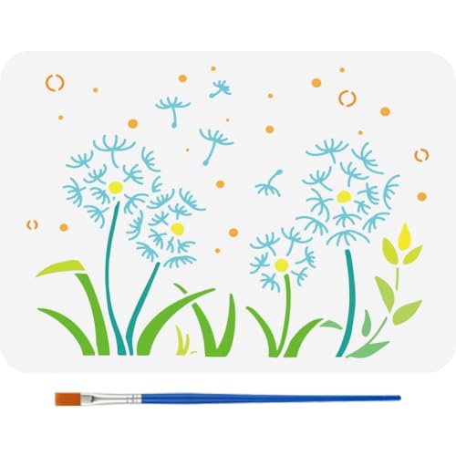 FINGERINSPIRE Löwenzahn Malschablone 21x29.7cm Wiederverwendbare Pflanzenblumen Vorlage Mit Pinsel Dekorative Löwenzahngras Schablone Fliegende Löwenzahn Muster Schablone Pflanzenthema Vorlage von FINGERINSPIRE